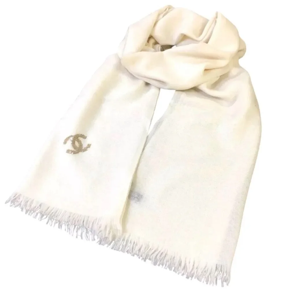 Auth Chanel 100% Creamy White Cashmere CC Gold Sequins Stole Scarf Muffler Wrap